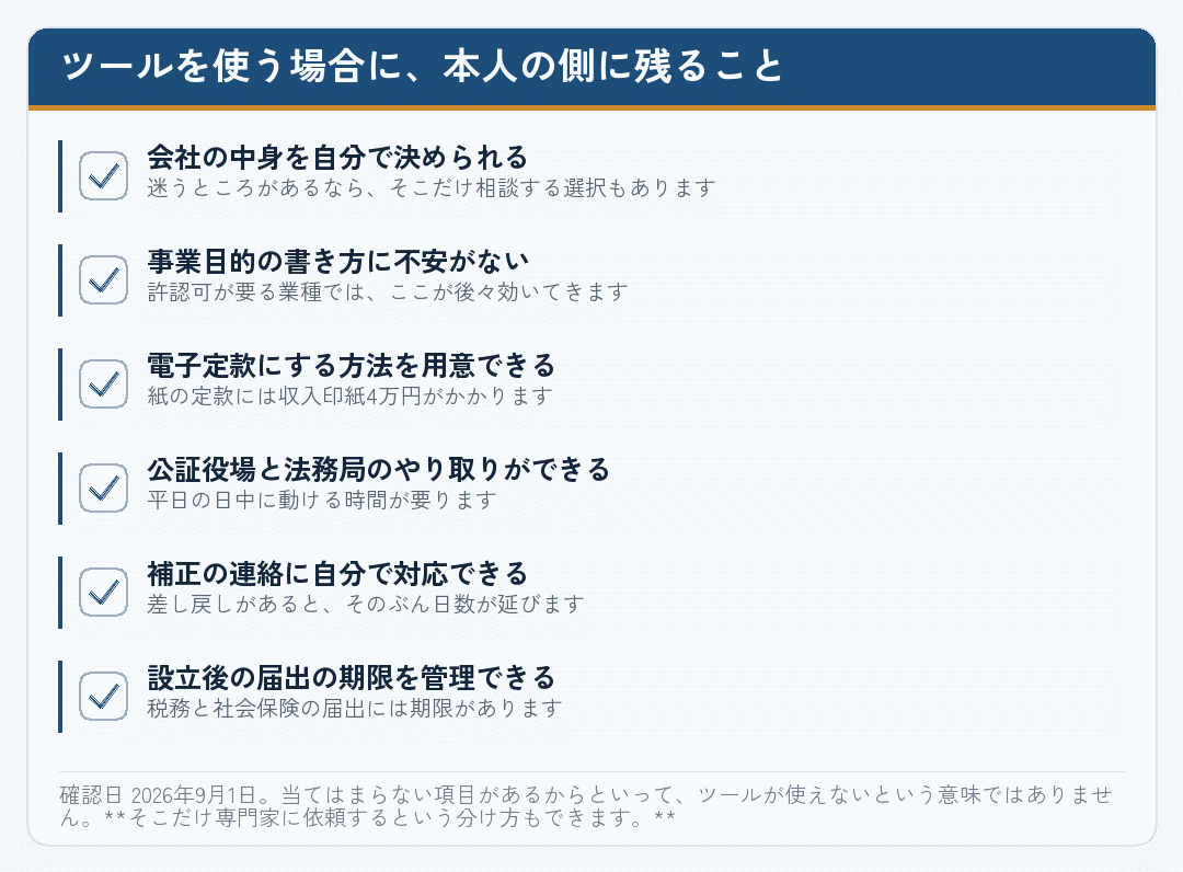 ツールを使う会社設立で本人の側に残る役割を並べたチェックリスト