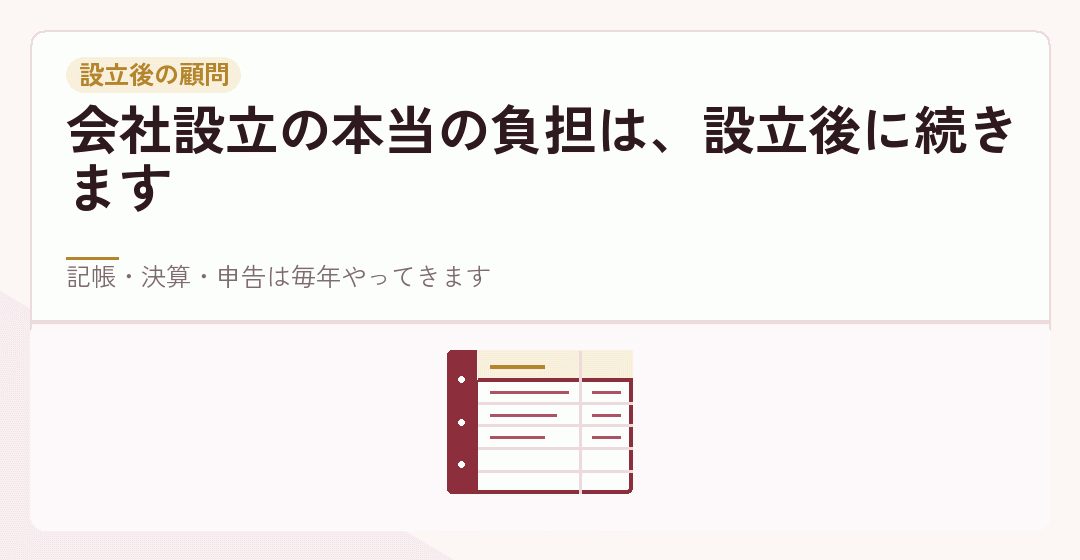 設立後の記帳と決算を税理士に任せる場面を表したイラスト