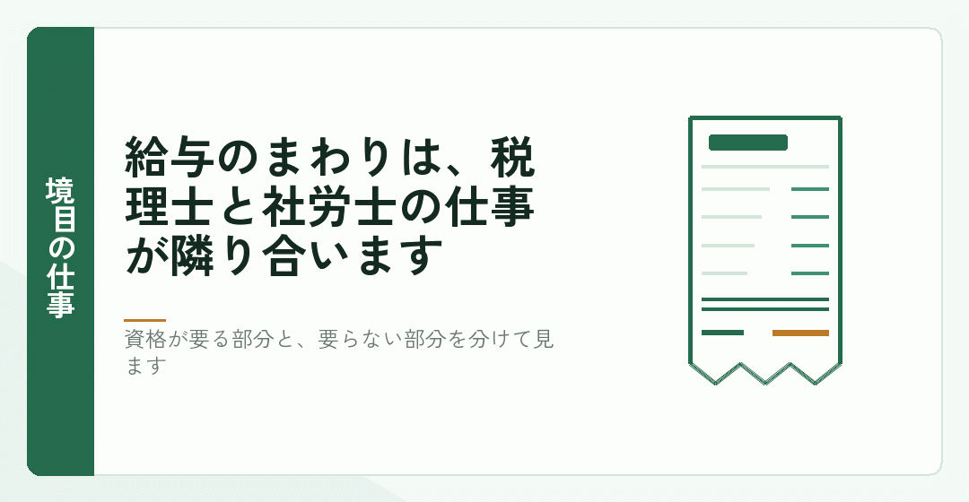 給与計算のまわりで税理士と社労士の仕事が隣り合うことを表したイラスト
