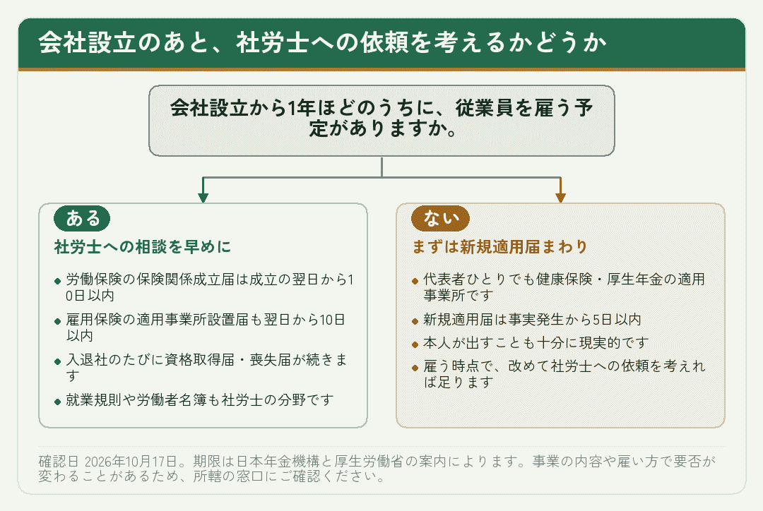 従業員を雇う予定の有無で社労士への依頼の考え方が分かれることを示した分岐図
