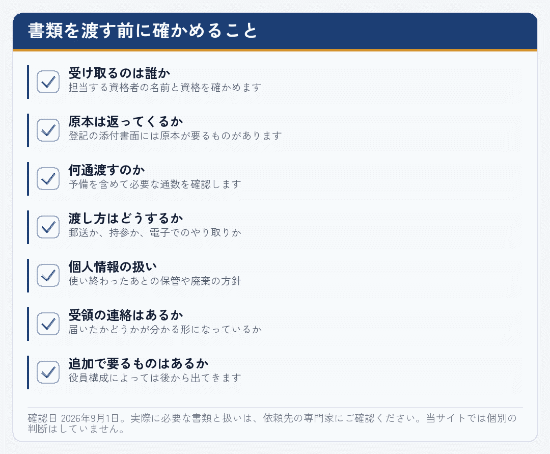 会社設立の書類を依頼先へ渡す前に確認する項目を並べたチェックリスト