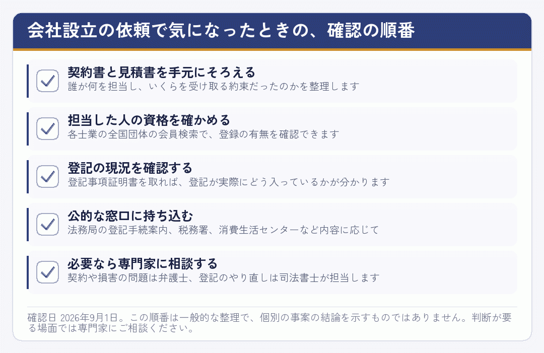 会社設立の依頼で気になったときに確認する順番を並べたチェックリスト