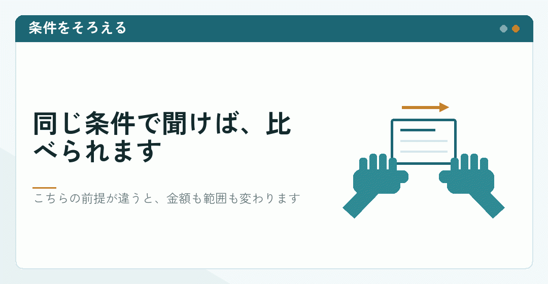 見積もりを取る前に条件をそろえることを表したイラスト