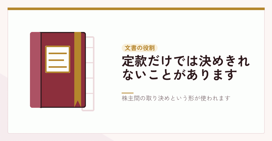 定款と株主間の取り決めの役割の違いを表したイラスト