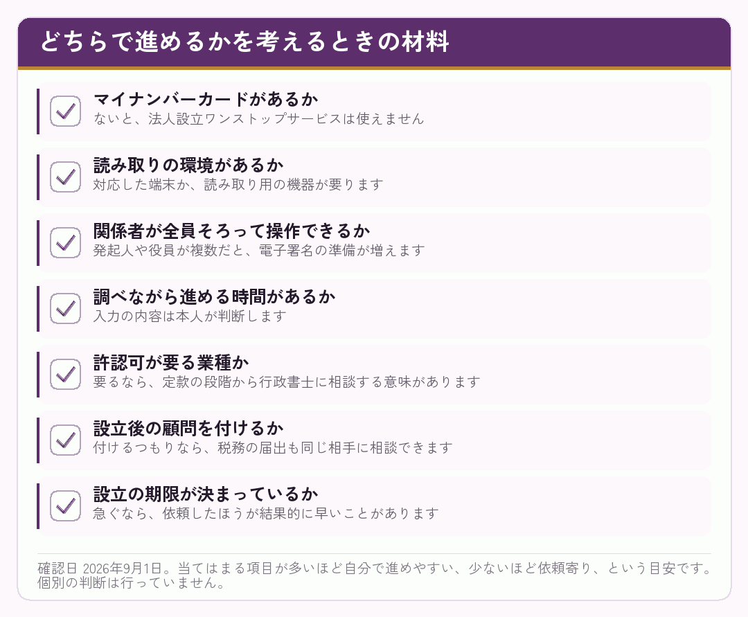 法人設立ワンストップサービスと依頼のどちらで進めるかを考える材料を並べたチェックリスト