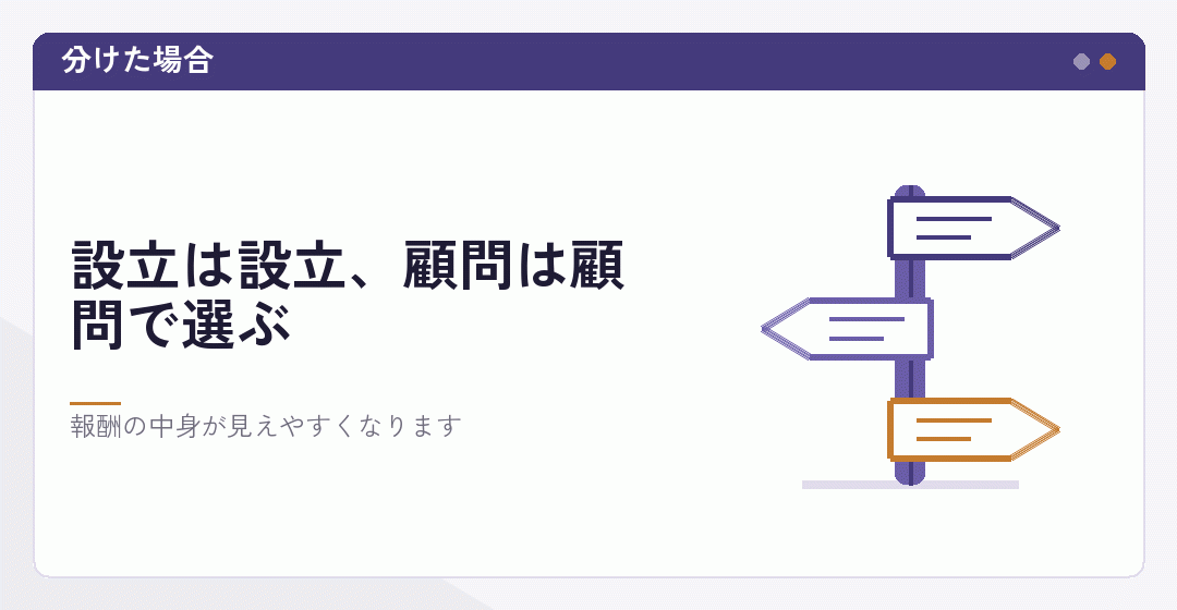 設立の依頼と顧問を分けて選ぶことを表したイラスト