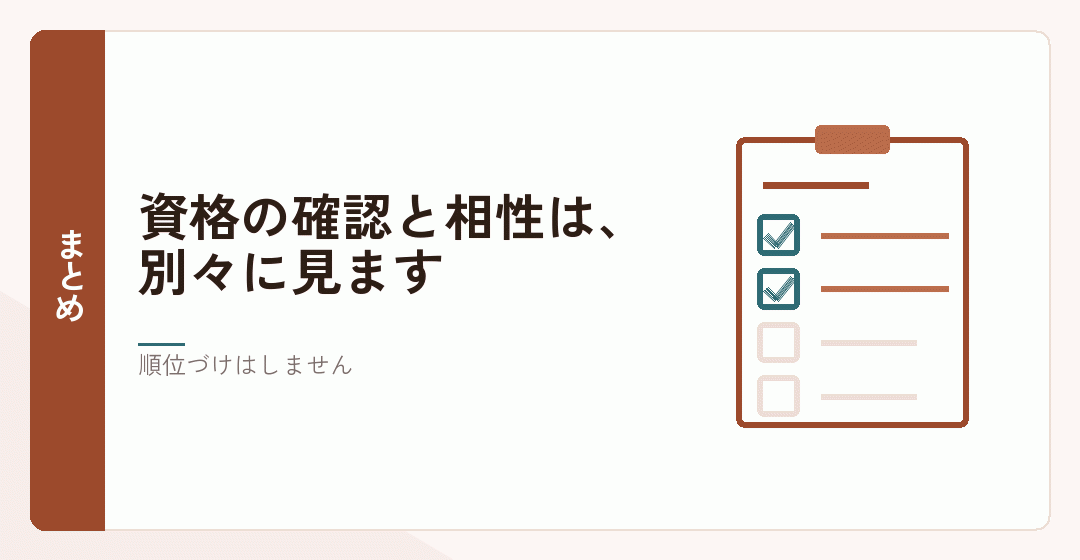 資格の確認と相性の見方のまとめを表したイラスト