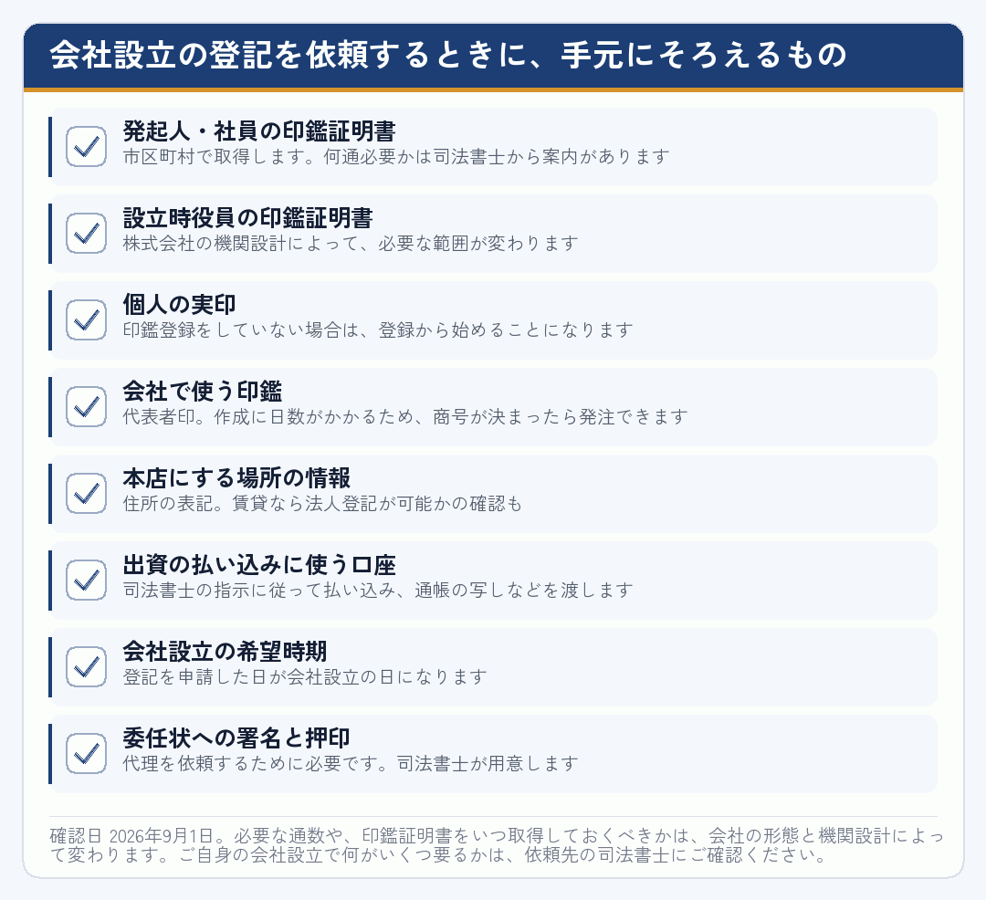 会社設立の登記を依頼するときに手元にそろえるもののチェックリスト