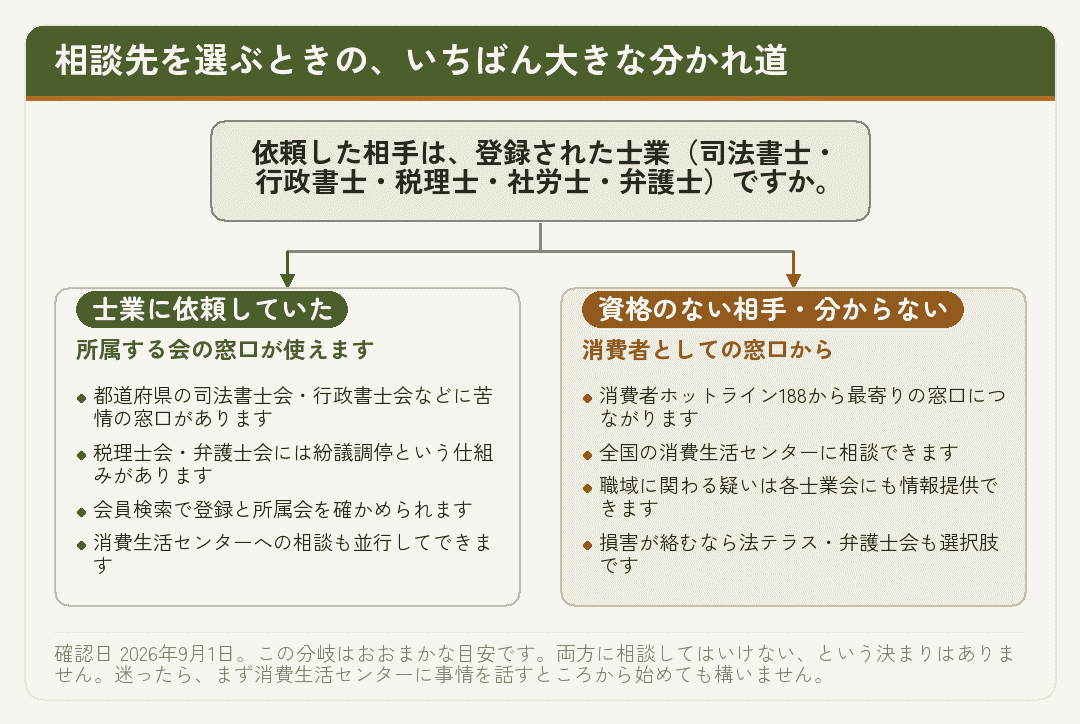 依頼した相手が士業かどうかで相談先が分かれることを示した分岐図